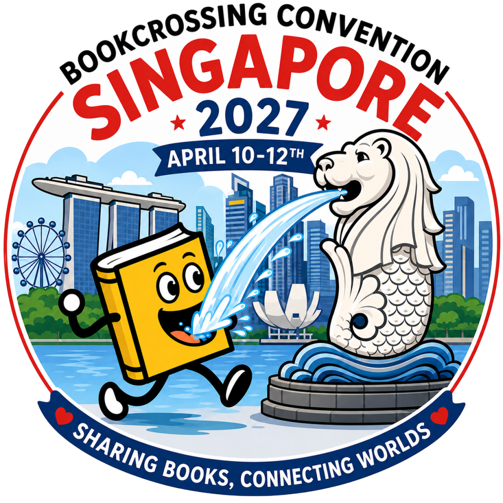 Logo for Bookcrossing Singapore Convention 2027 showing Ballycumber (a running book) catching the water from the Merlion statue in his mouth.