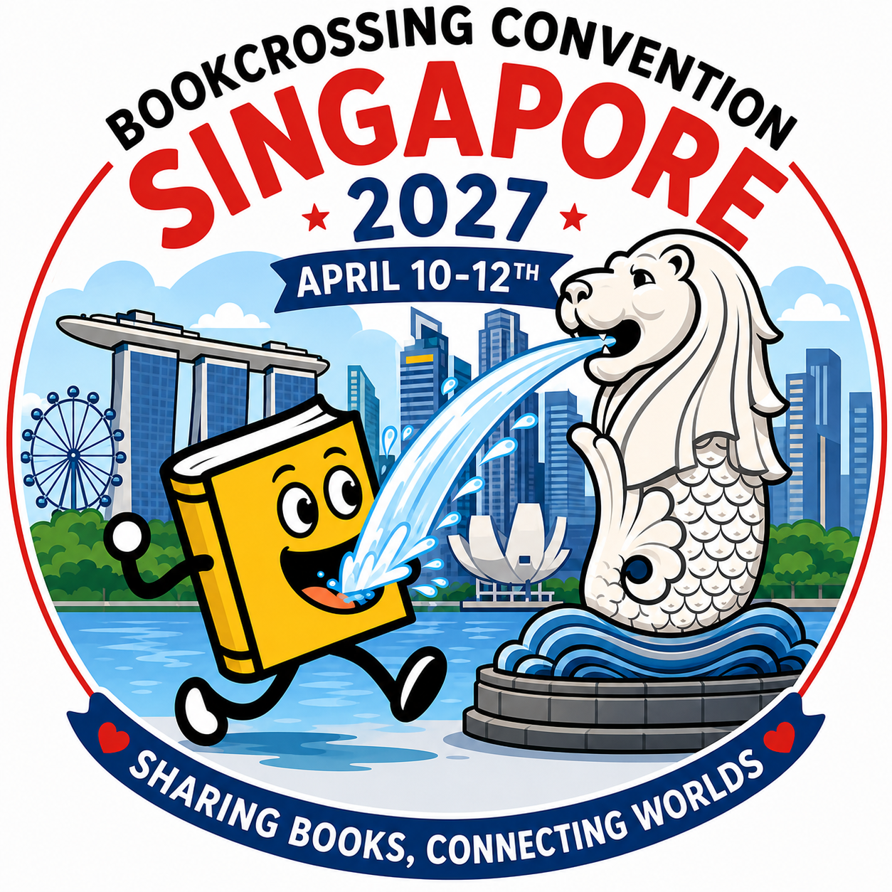 Logo for Bookcrossing Singapore Convention 2027 showing Ballycumber (a running book) catching the water from the Merlion statue in his mouth.